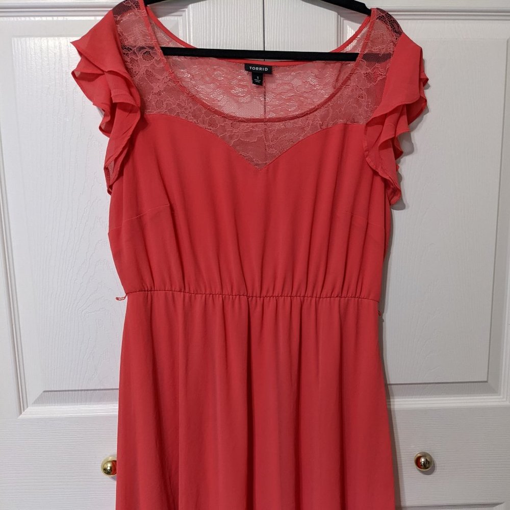 TORRID Coral/Pink Lace & Flutter Sleeve Knee Length Dress Plus Size 1